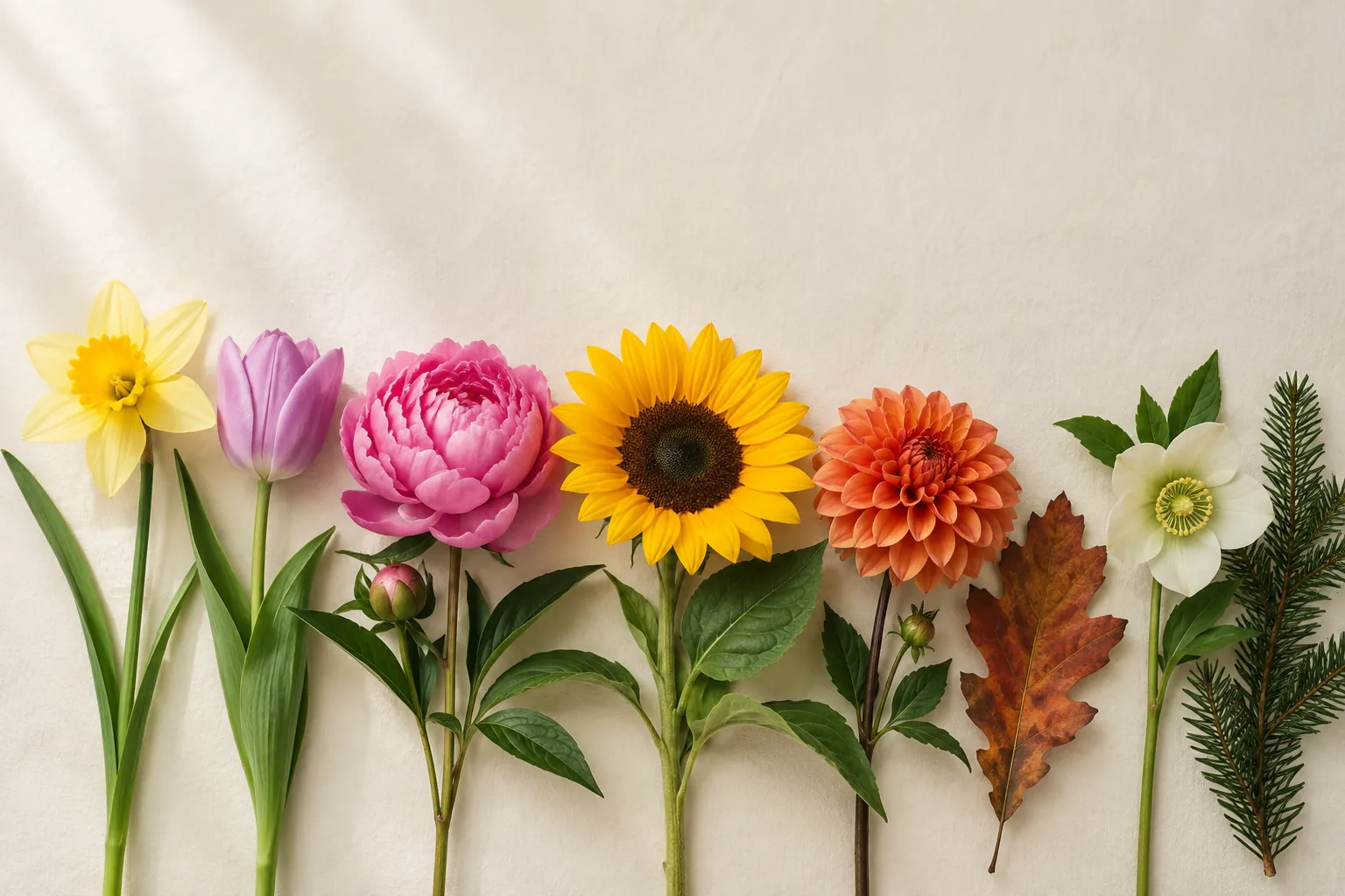 Narzisse, Tulpe, Pfingstrose, Sonnenblume, Dahlie und Christrose mit Herbstlaub und Tannenzweig in einer Reihe.