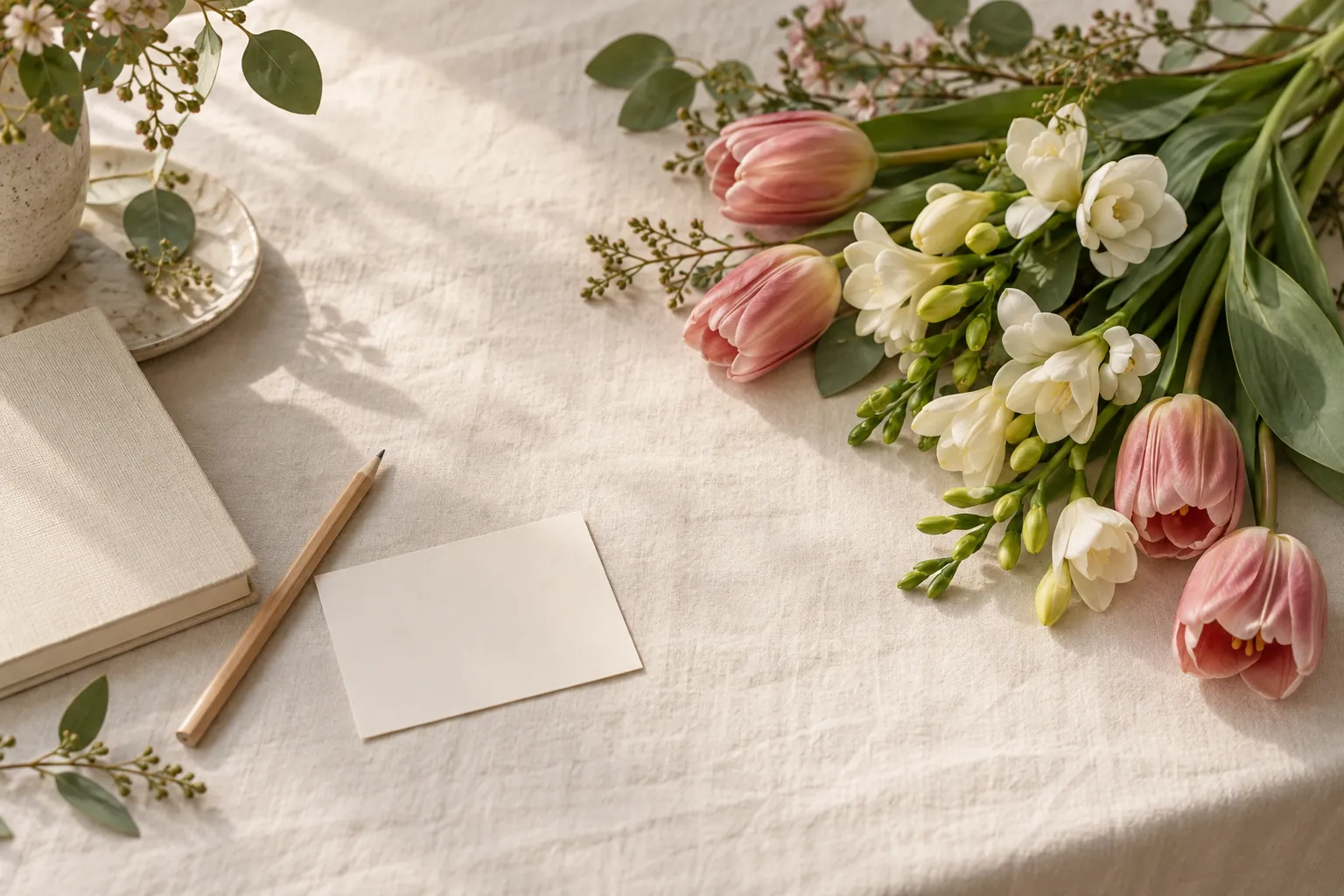 Tulpen und Freesien neben einem geschlossenen Notizbuch, einer leeren Karte und einem Bleistift.