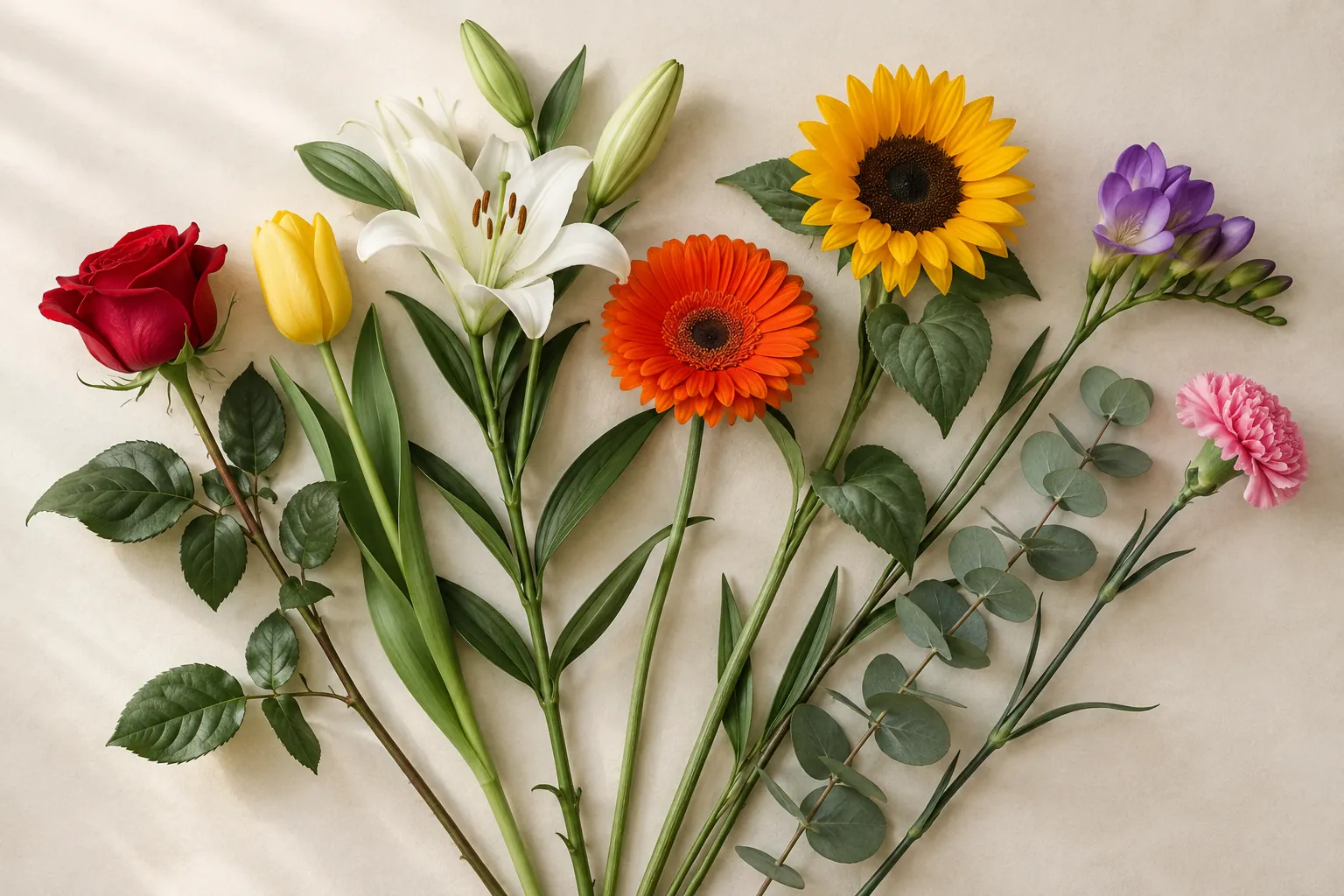 Rote Rose, gelbe Tulpe, weiße Lilie, orange Gerbera, Sonnenblume, violette Freesie, Nelke und Eukalyptus auf Papier.