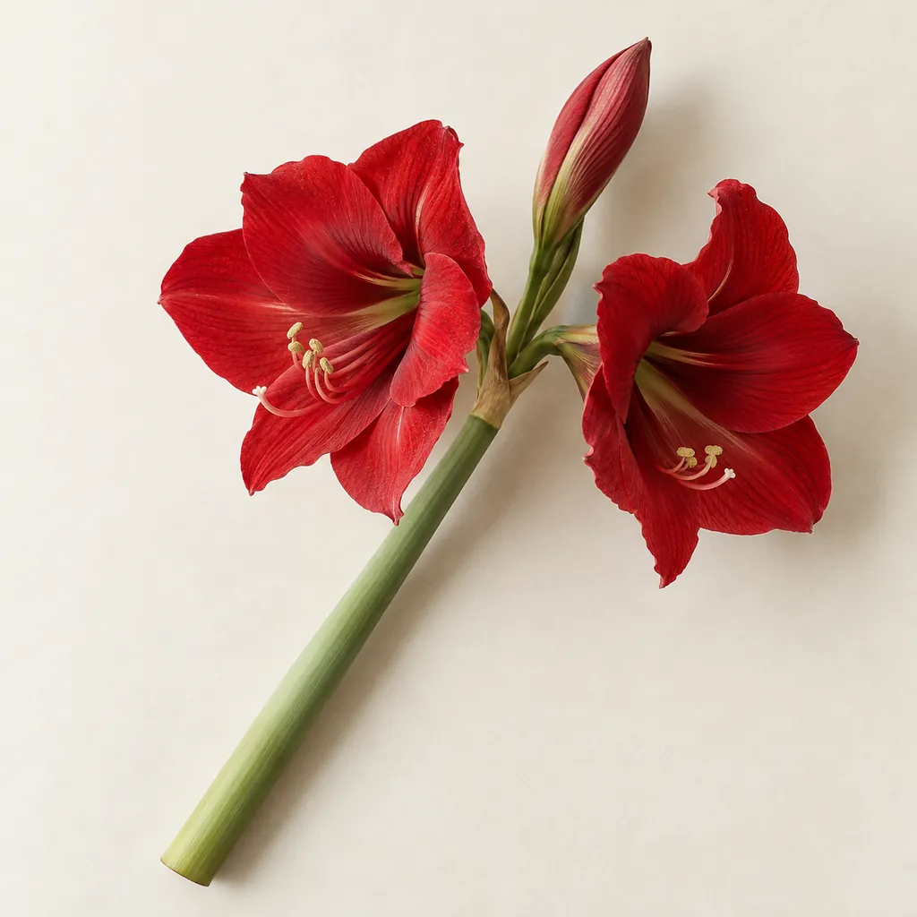 Dunkelrote Amaryllis mit zwei Trichterblüten auf cremefarbenem Papier.