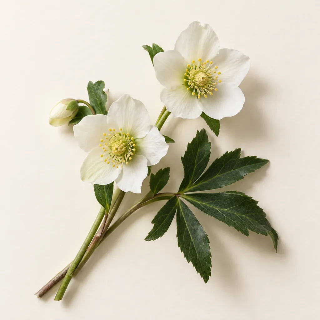 Weiße Christrosen mit gelben Staubblättern und geteiltem Blatt auf cremefarbenem Papier.