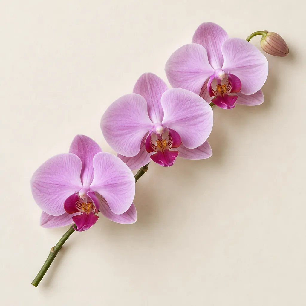 Blütenzweig einer fliederfarbenen Orchidee mit zartrosa Blütenlippen auf cremefarbenem Papier.