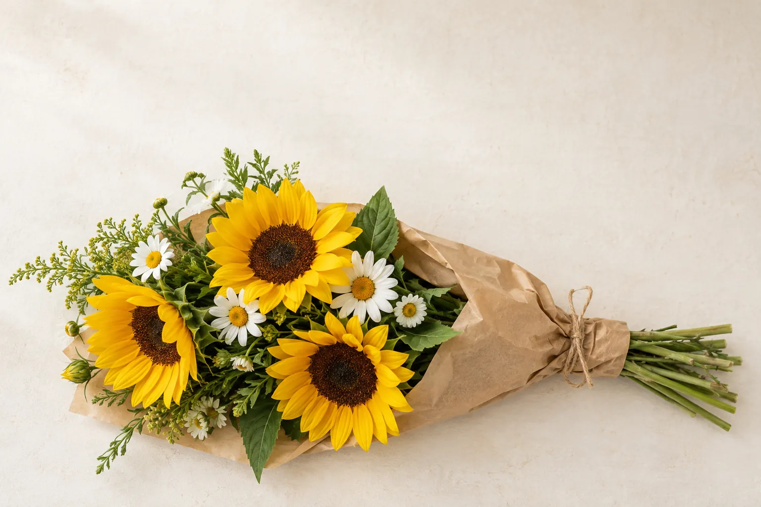 Gelbe Sonnenblumen und weiße Margeriten in schlichtem Kraftpapier.