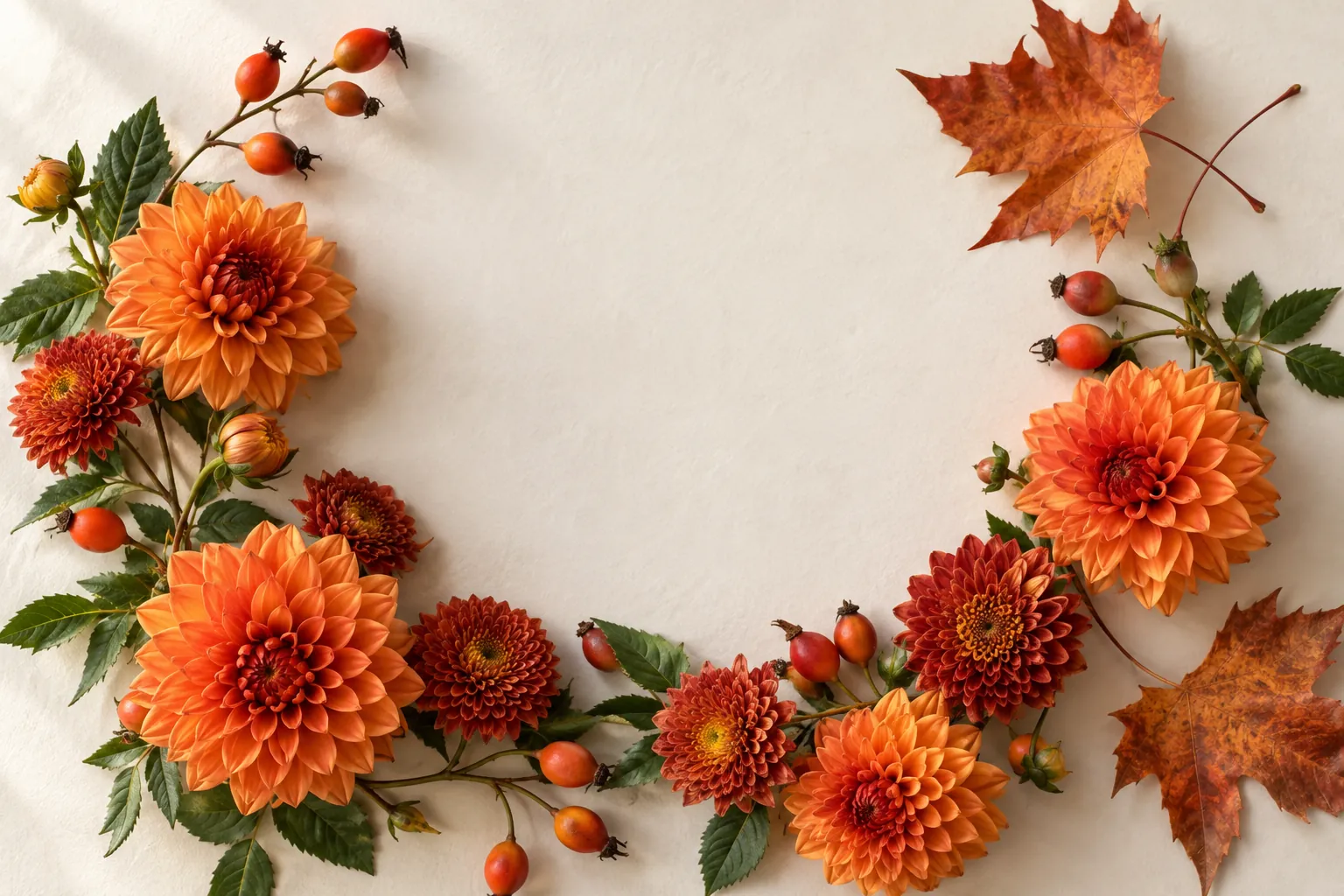 Orangefarbene Dahlien, rostrote Chrysanthemen, Hagebutten und kupferfarbenes Herbstlaub auf Papier.