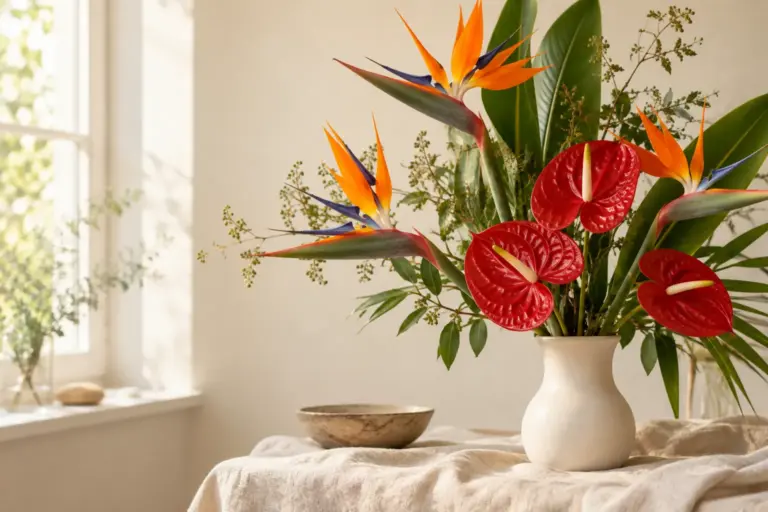Orange-blaue Strelitzien und rote Anthurien neben einer kleinen Keramikvase.