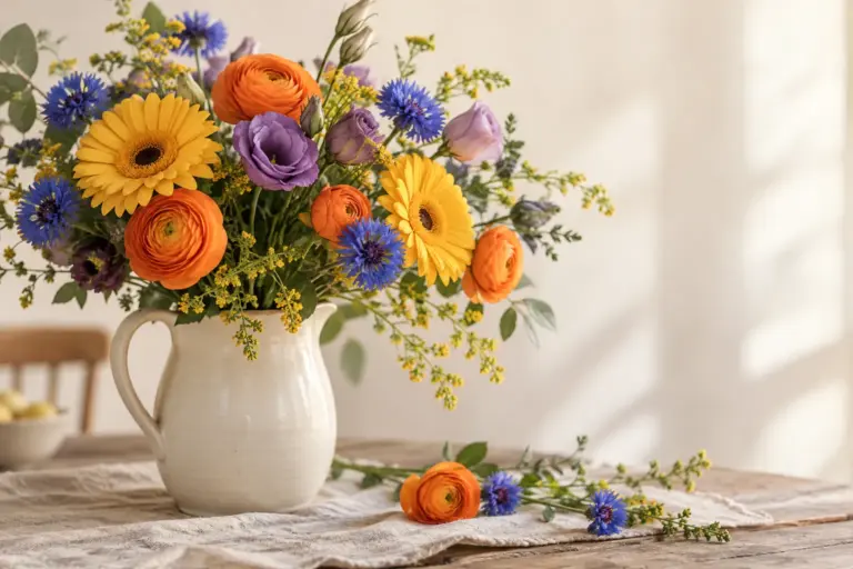 Bunter Strauß mit gelben Gerbera, orangefarbenen Ranunkeln und violett-blauen Blüten.