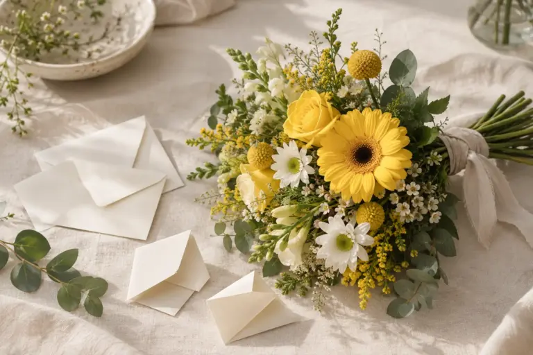 Gelb-weißer Blumenstrauß neben kleinen unbeschrifteten Umschlägen und gefaltetem Papier.