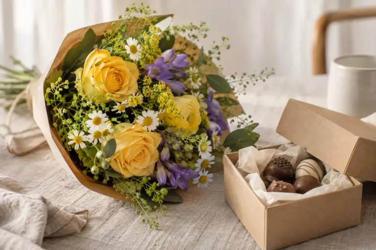 Gelb-violetter Blumenstrauß neben einer schlichten Schachtel mit Pralinen.
