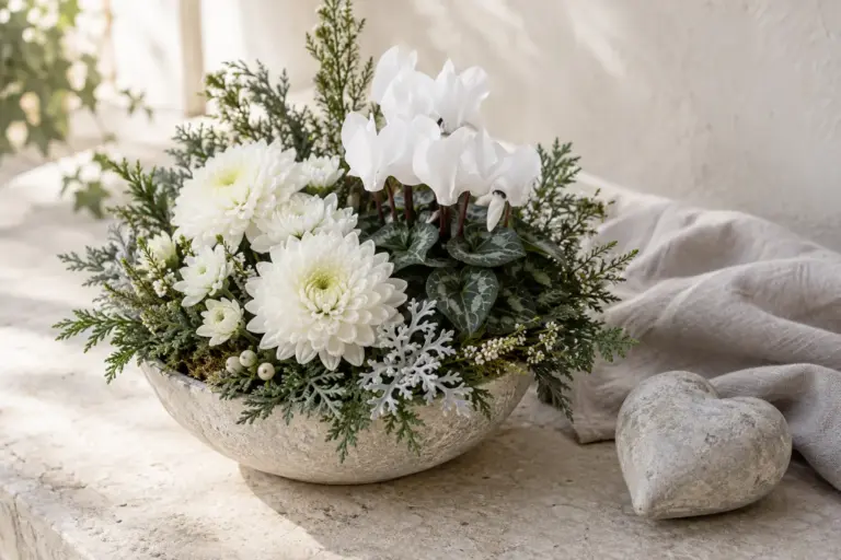 Weiße Chrysanthemen und Alpenveilchen mit immergrünen Zweigen in einer niedrigen Schale.