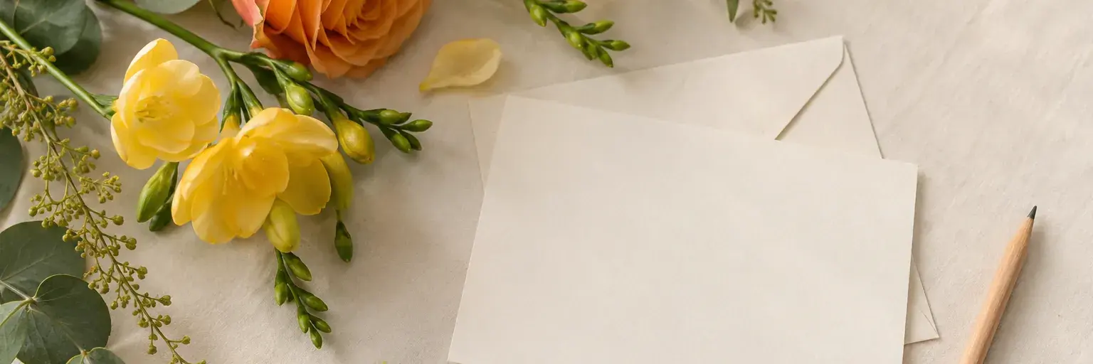 Leere Grußkarte und Umschlag neben gelben Freesien, einer orangefarbenen Rose und einem Bleistift.