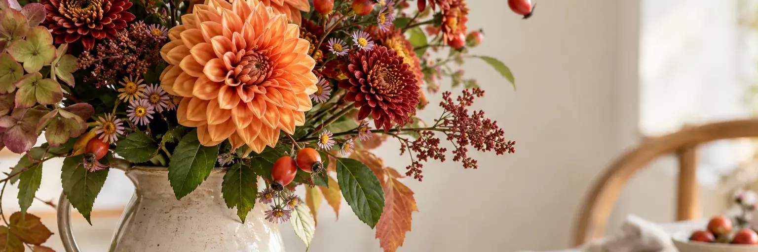 Orange Dahlien, rostrote Chrysanthemen und Hagebutten neben einem Herbstblatt.