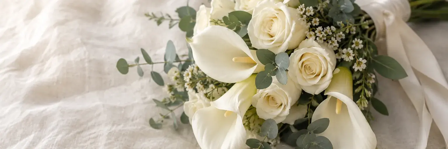 Weißer Strauß aus Calla, Rosen und Eukalyptus mit elfenbeinfarbenem Band.