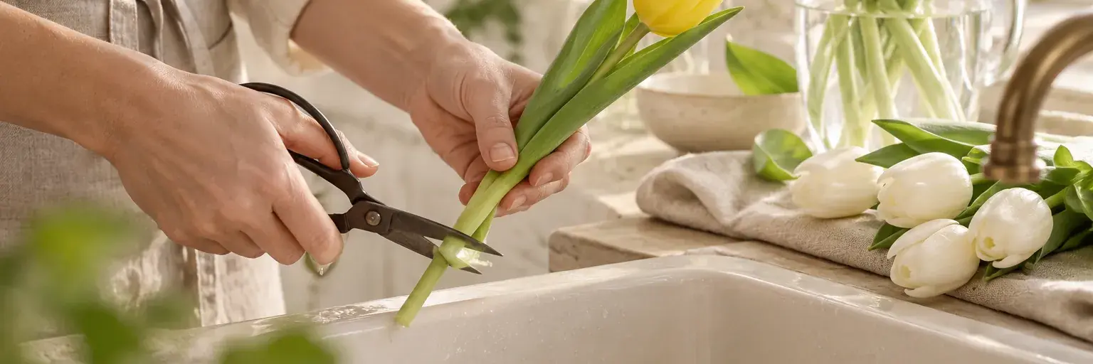 Hände beim Anschneiden eines Tulpenstiels an einem hellen Waschbecken.