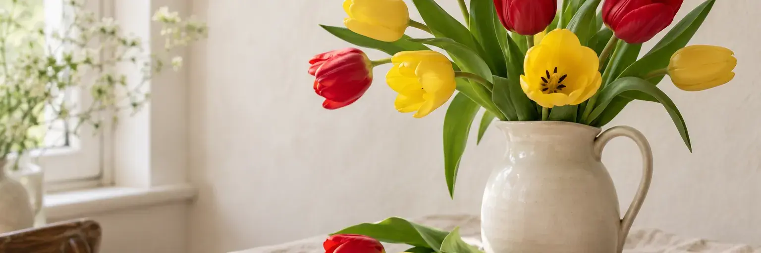 Gelbe und rote Tulpen mit einem schlichten Keramikkrug.