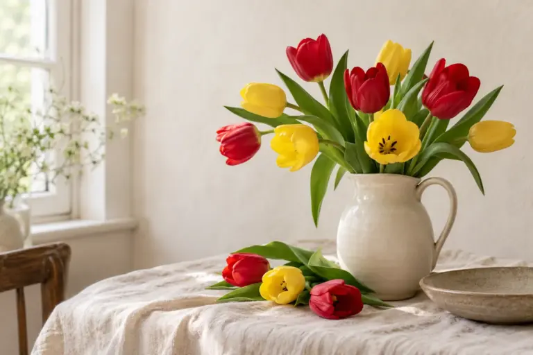 Gelbe und rote Tulpen mit einem schlichten Keramikkrug.