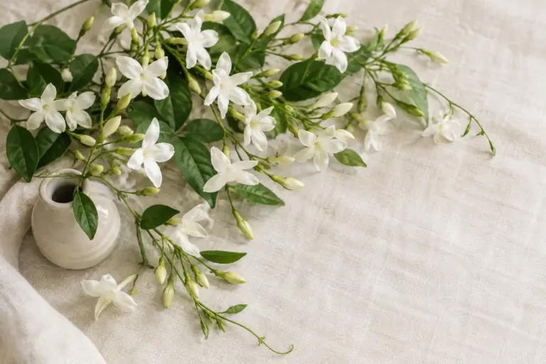 Weiße Jasminblüten an grünen Zweigen neben einer kleinen Keramikvase.