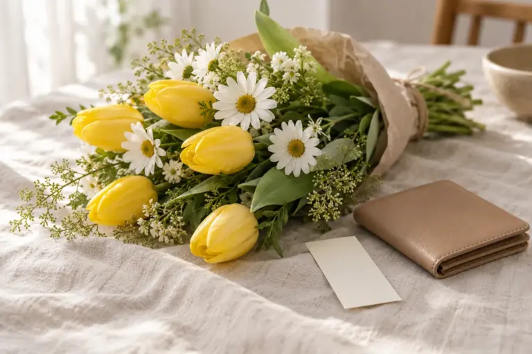 Kleiner gelb-weißer Blumenstrauß neben einem geschlossenen Portemonnaie und einem unbedruckten Papierstreifen.