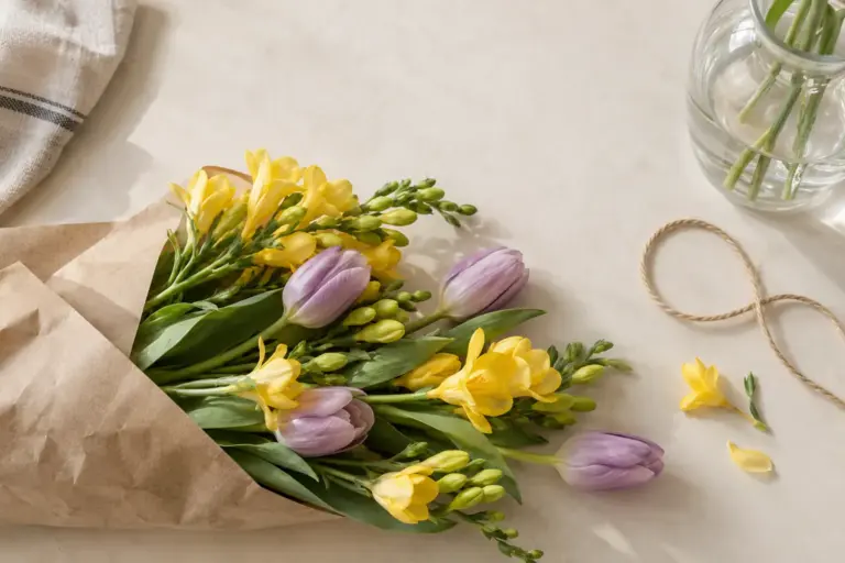 Gelbe Freesien und lilafarbene Tulpen in Kraftpapier neben einer Glasvase.