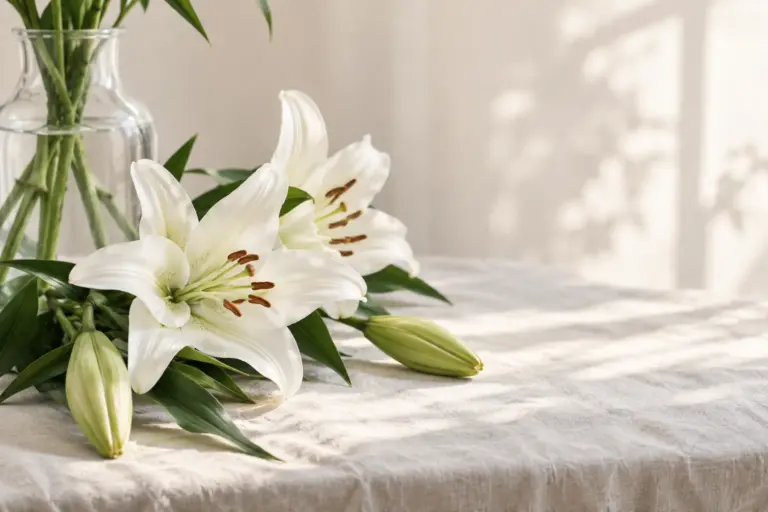 Weiße Lilien mit Knospen und grünen Blättern neben einer Glasvase.