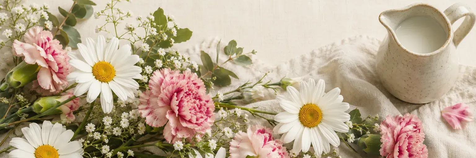 Weiße Margeriten und rosa Nelken neben einem schlichten Steingutkrug.