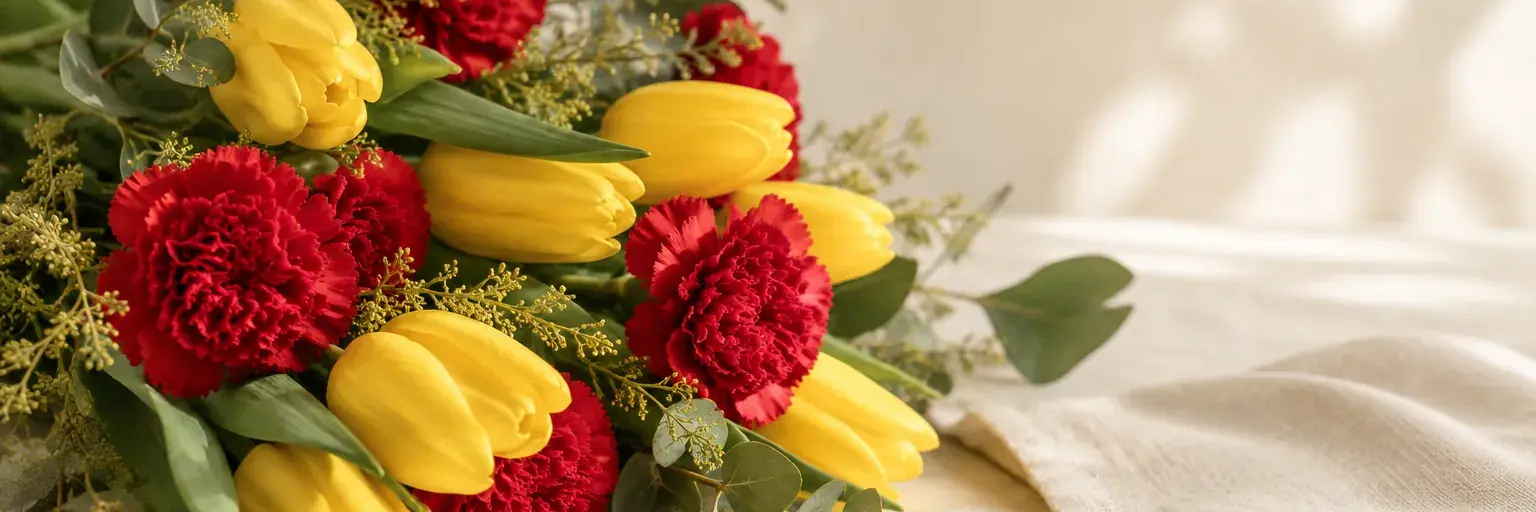 Gelbe Tulpen und rote Nelken auf einer Leinenserviette.