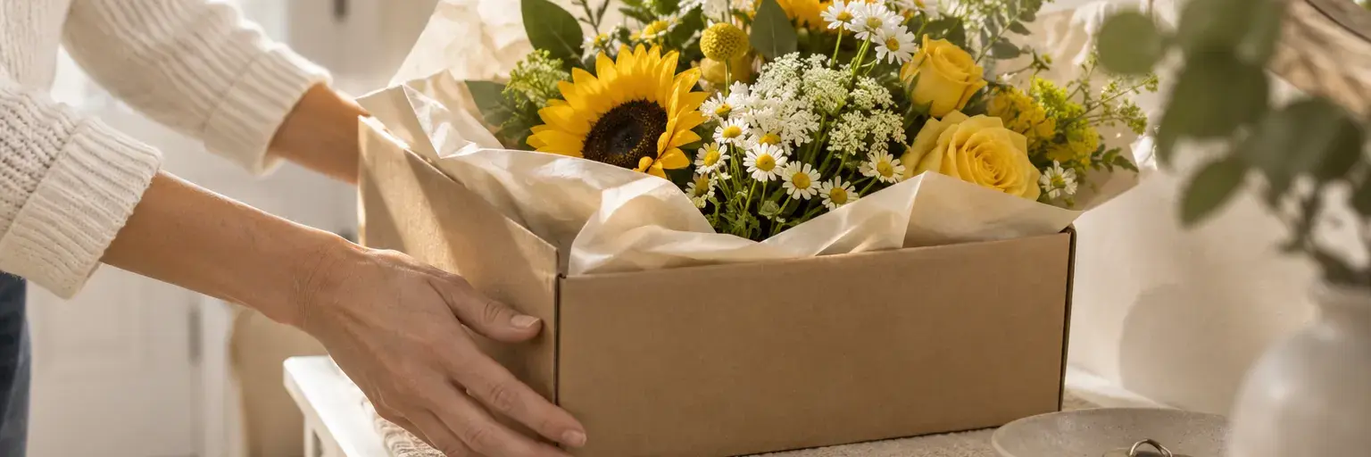 Hände mit einem geöffneten Blumenkarton und gelb-weißem Strauß auf einem hellen Flurtisch.