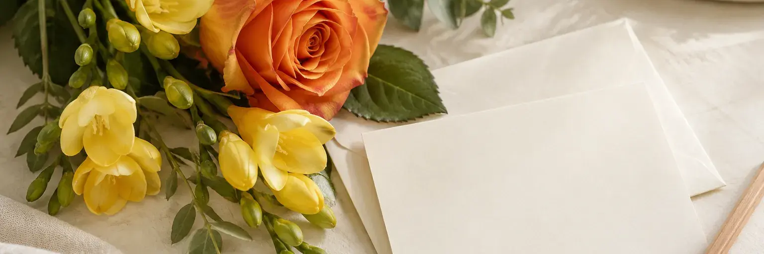 Leere Grußkarte und Umschlag neben gelben Freesien, einer orangefarbenen Rose und einem Bleistift.