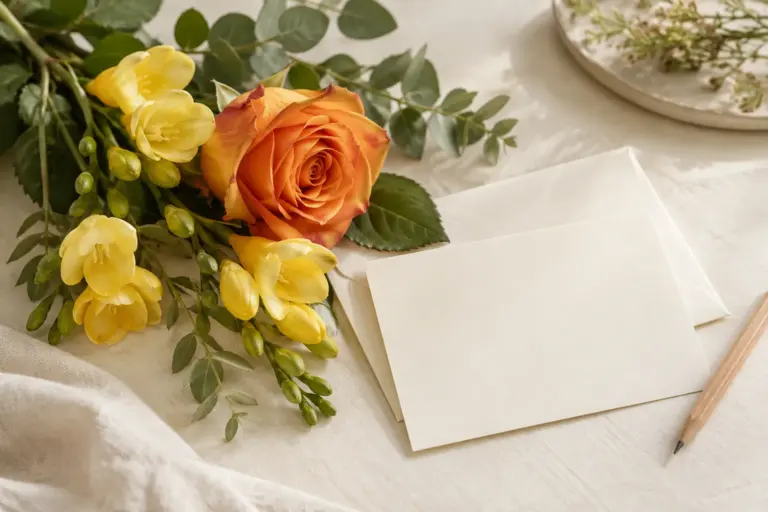 Leere Grußkarte und Umschlag neben gelben Freesien, einer orangefarbenen Rose und einem Bleistift.