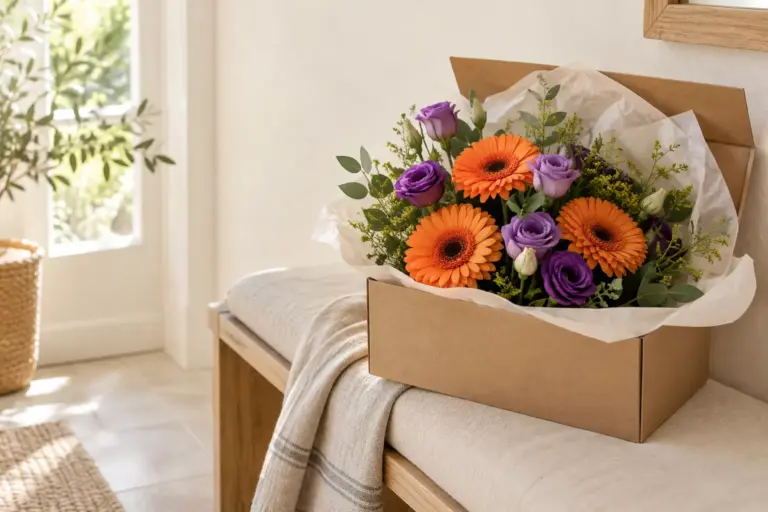 Blumenkarton mit orangefarbenen Gerbera und violetten Lisianthus auf einer hellen Flurbank.
