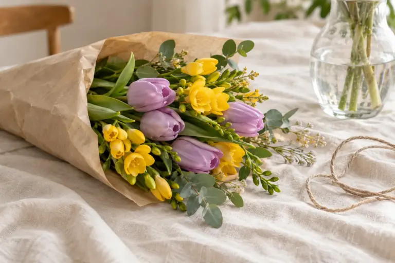 Gelbe Freesien und lilafarbene Tulpen in Kraftpapier neben einer Glasvase.