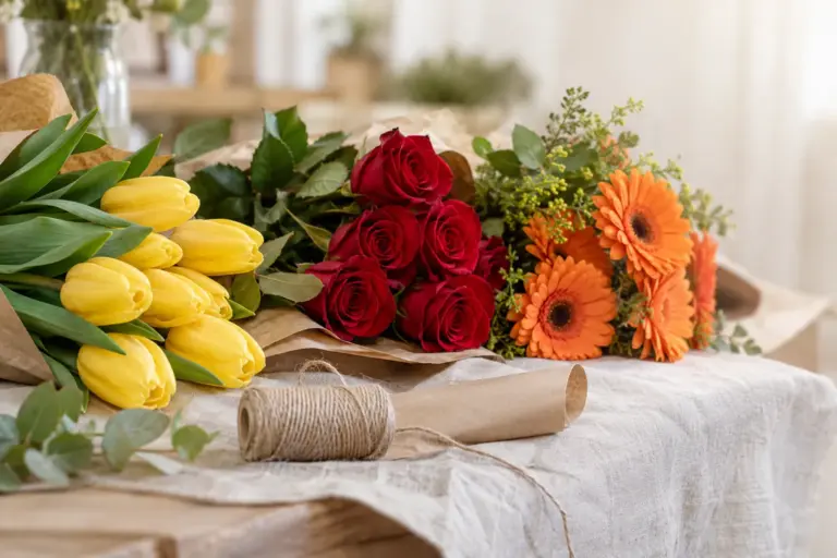 Floristentisch mit Tulpen, Rosen, Gerbera, Bindegarn und Kraftpapier.
