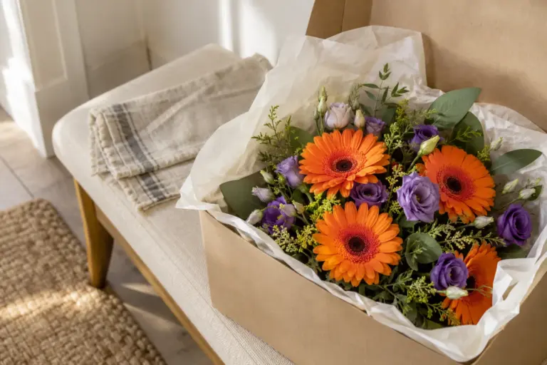 Blumenkarton mit orangefarbenen Gerbera und violetten Lisianthus auf einer hellen Flurbank.