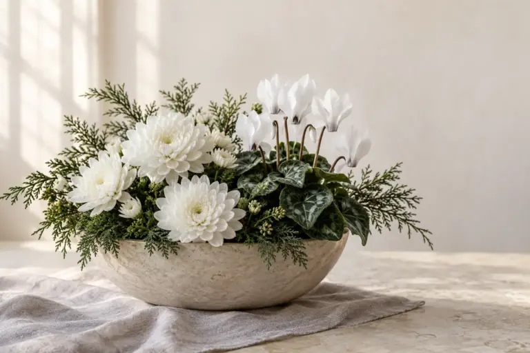 Weiße Chrysanthemen und Alpenveilchen mit immergrünen Zweigen in einer niedrigen Schale.