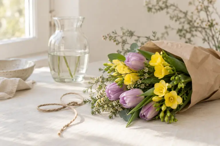Gelbe Freesien und lilafarbene Tulpen in Kraftpapier neben einer Glasvase.