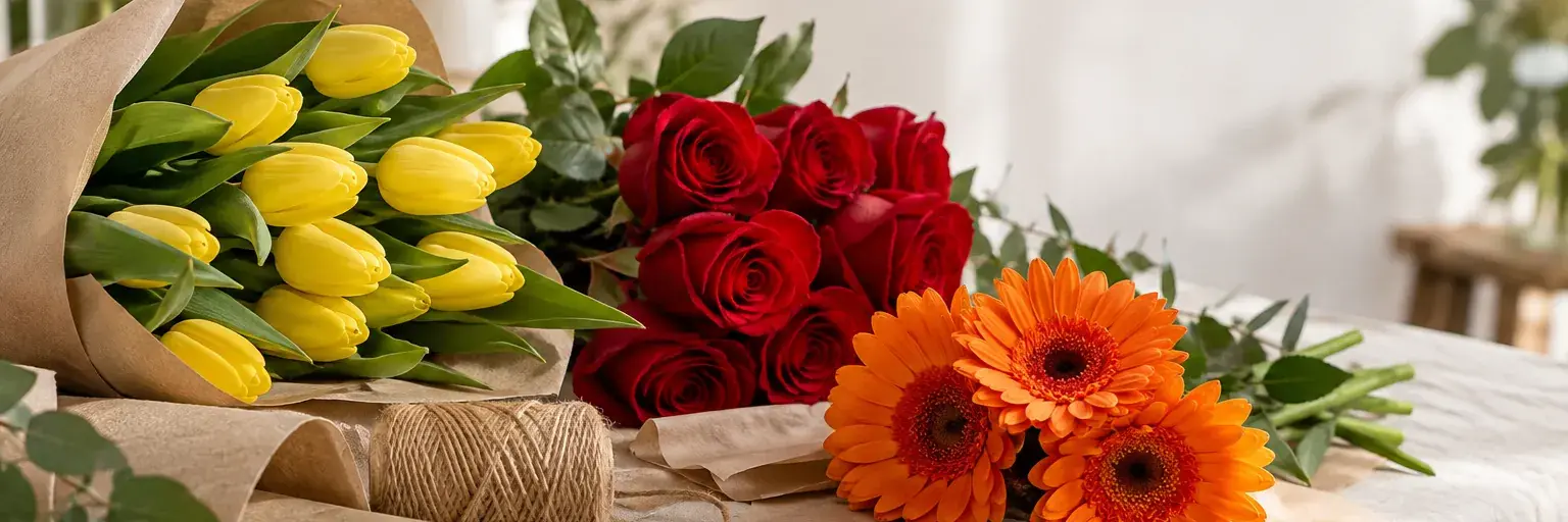 Floristentisch mit Tulpen, Rosen, Gerbera, Bindegarn und Kraftpapier.