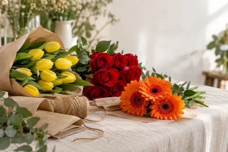 Floristentisch mit Tulpen, Rosen, Gerbera, Bindegarn und Kraftpapier.