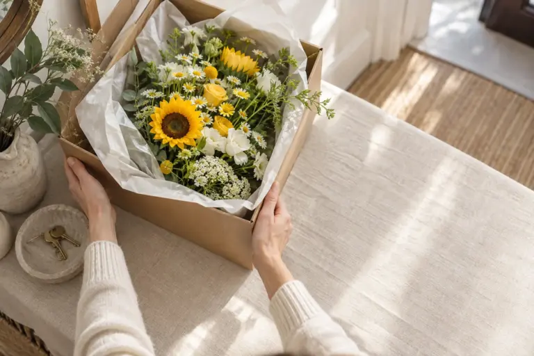 Hände mit einem geöffneten Blumenkarton und gelb-weißem Strauß auf einem hellen Flurtisch.