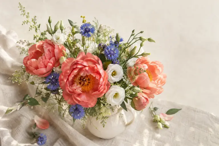 Üppiger Strauß aus korallfarbenen Pfingstrosen, weißen Lisianthus und blauen Kornblumen.