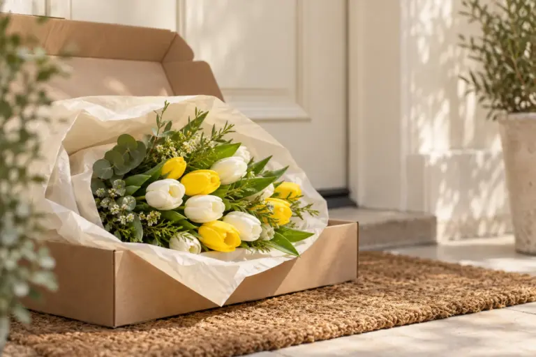 Geöffneter Versandkarton mit weiß-gelben Tulpen auf einer Fußmatte.