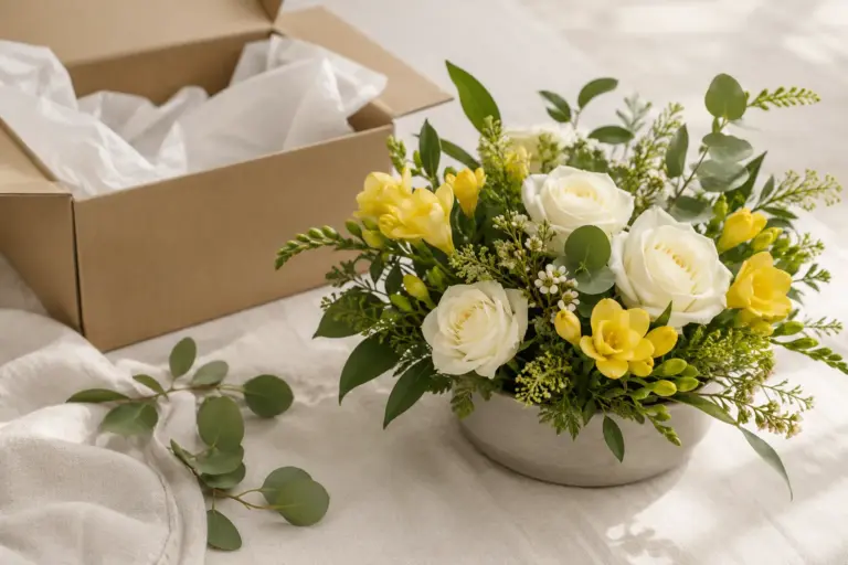 Gelb-weißes Blumengesteck in einer niedrigen grauen Schale neben einem Versandkarton.