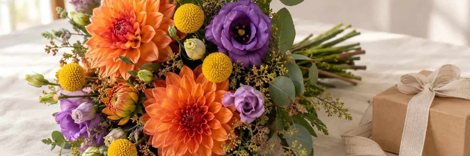 Orange Dahlien, violette Lisianthus und goldgelbe Craspedia neben einer kleinen Geschenkschachtel.