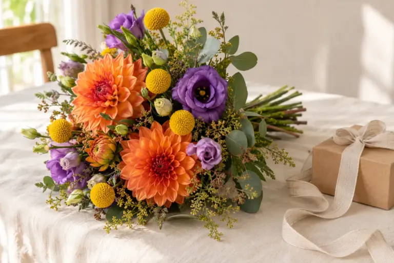 Orange Dahlien, violette Lisianthus und goldgelbe Craspedia neben einer kleinen Geschenkschachtel.