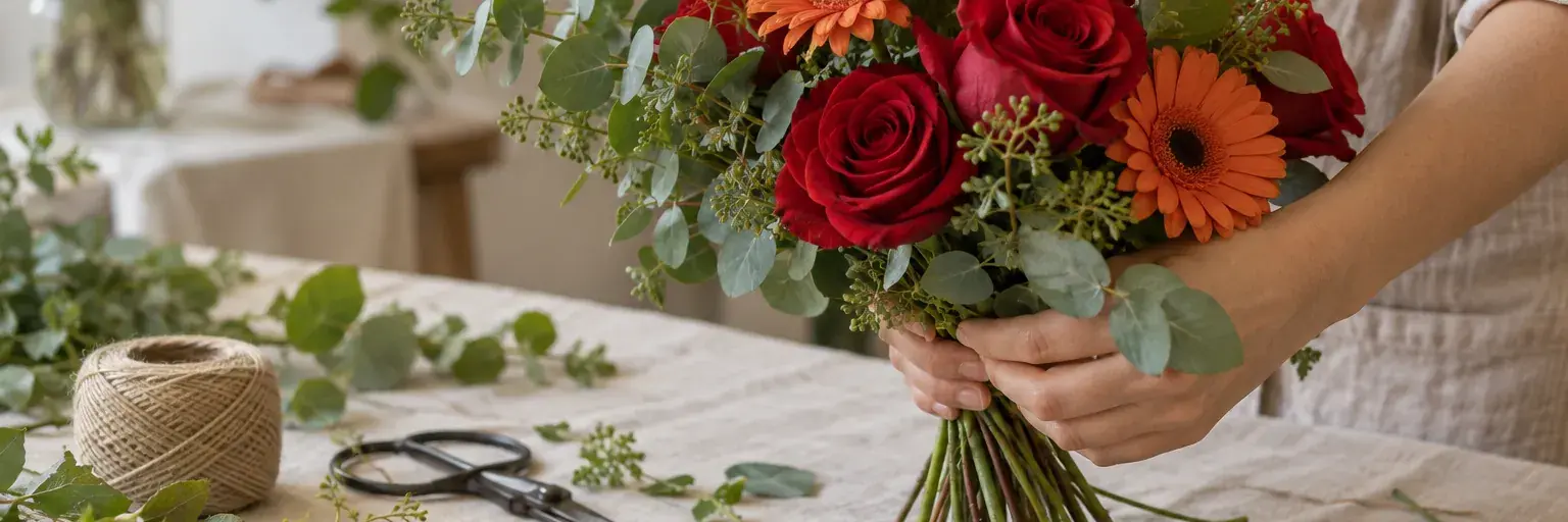 Hände beim Zusammenstellen eines Straußes aus roten Rosen und orangefarbenen Gerbera.
