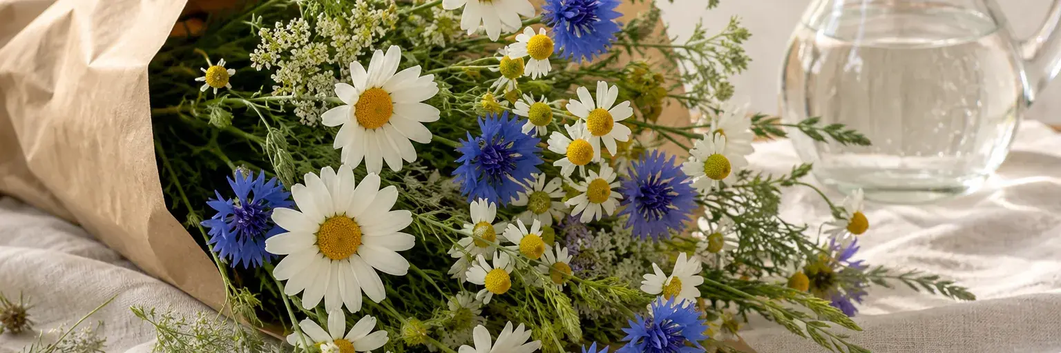 Margeriten, Kornblumen und Kamille in schlichtem Kraftpapier neben einer Wasserkaraffe.