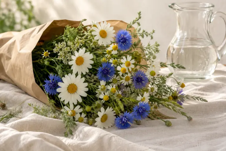 Margeriten, Kornblumen und Kamille in schlichtem Kraftpapier neben einer Wasserkaraffe.