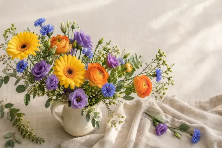 Bunter Strauß mit gelben Gerbera, orangefarbenen Ranunkeln und violett-blauen Blüten.