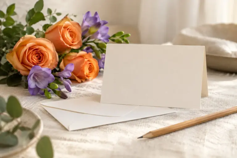 Leere Grußkarte, Umschlag und Bleistift neben orangefarbenen Rosen und violetten Freesien.