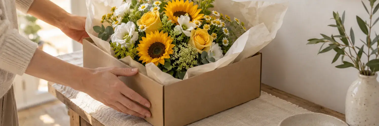 Hände mit einem geöffneten Blumenkarton und gelb-weißem Strauß auf einem hellen Flurtisch.
