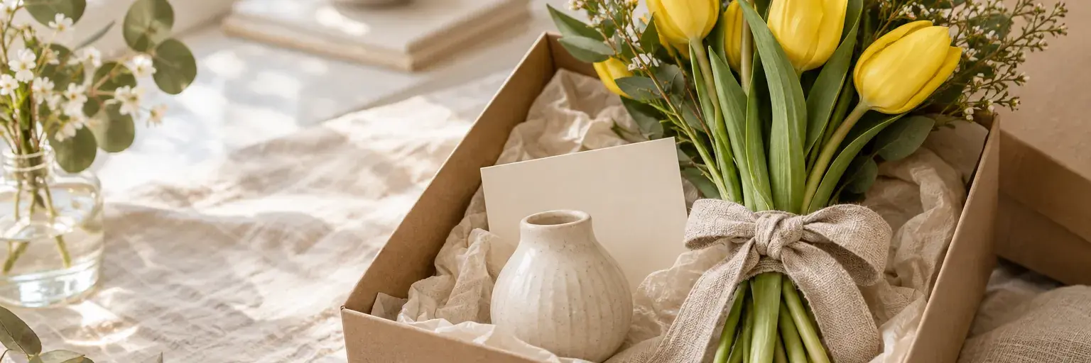 Gelbe Tulpen und eine kleine Keramikvase in einem schlichten Geschenkkarton.