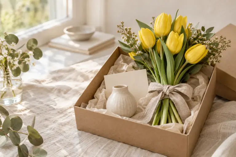 Gelbe Tulpen und eine kleine Keramikvase in einem schlichten Geschenkkarton.